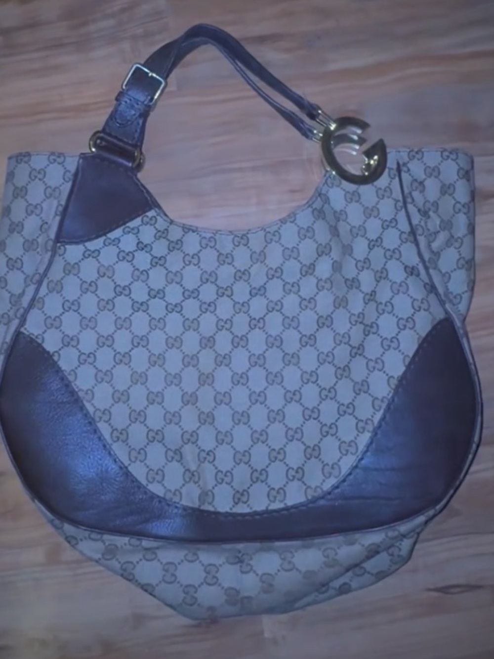 Gucci Beige Monogram Shoulder Bag with Brown Leather Trim and Gold GG Charm
